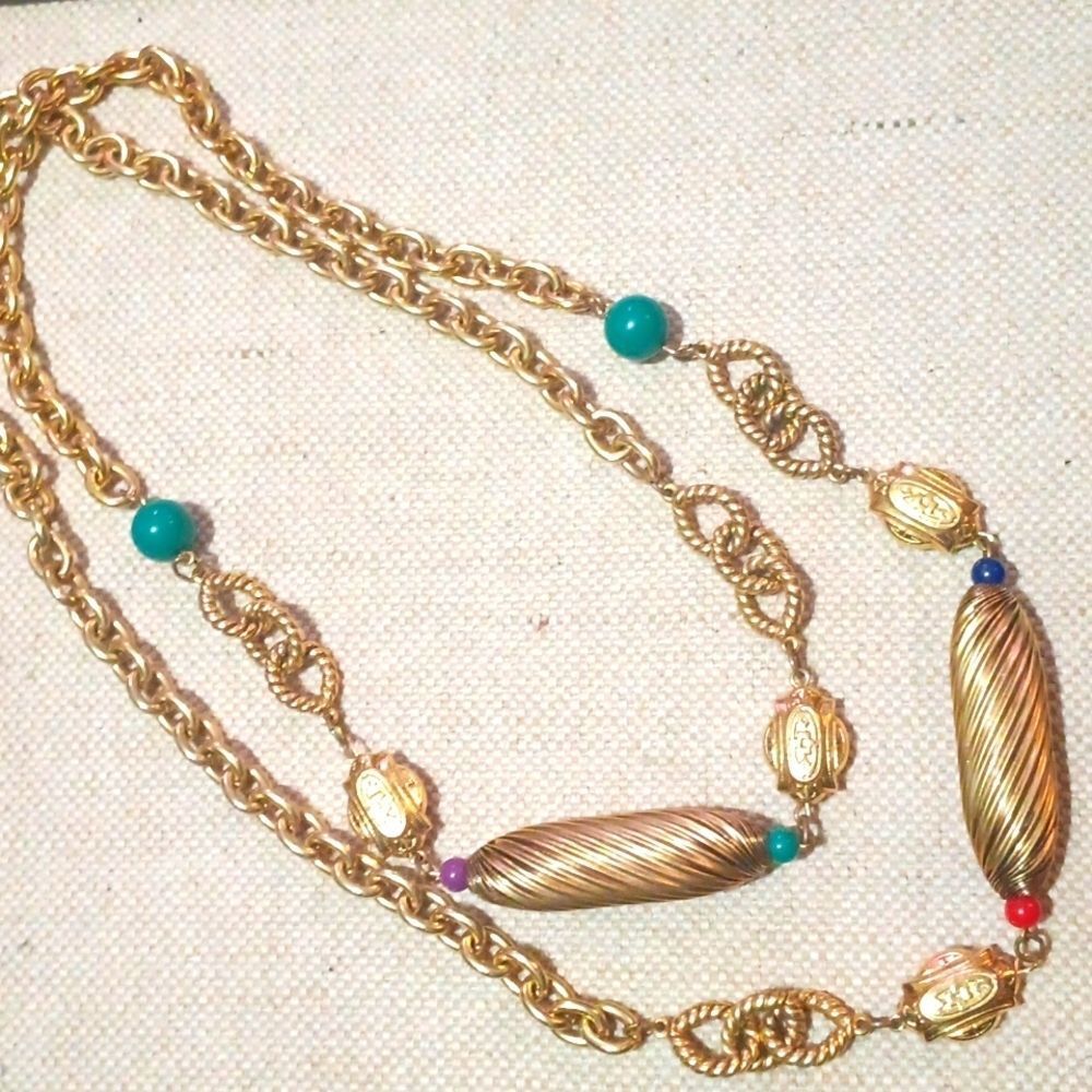 Vintage Long Gold Tone Metal Chain Beaded Necklace